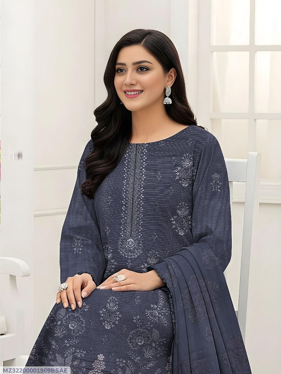 3 Pcs Women’s Unstitched Dhanak Embroidered Shirt with Plain Trouser & Jacquard Dupatta – Grey