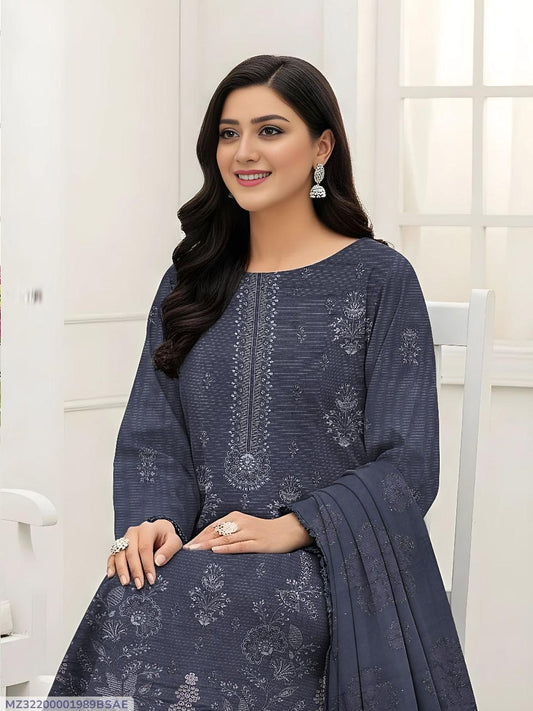 3 Pcs Women’s Unstitched Dhanak Embroidered Shirt with Plain Trouser & Jacquard Dupatta – Grey