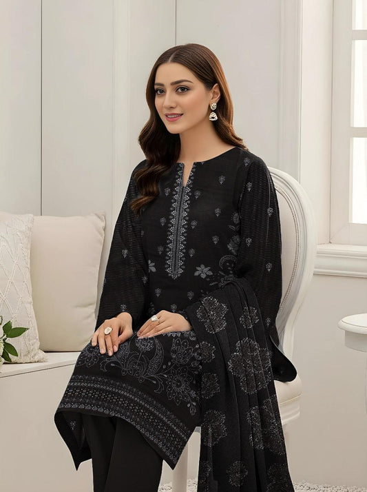 3 Pcs Women’s Unstitched Dhanak Embroidered Shirt with Plain Trouser & Jacquard Dupatta – Black