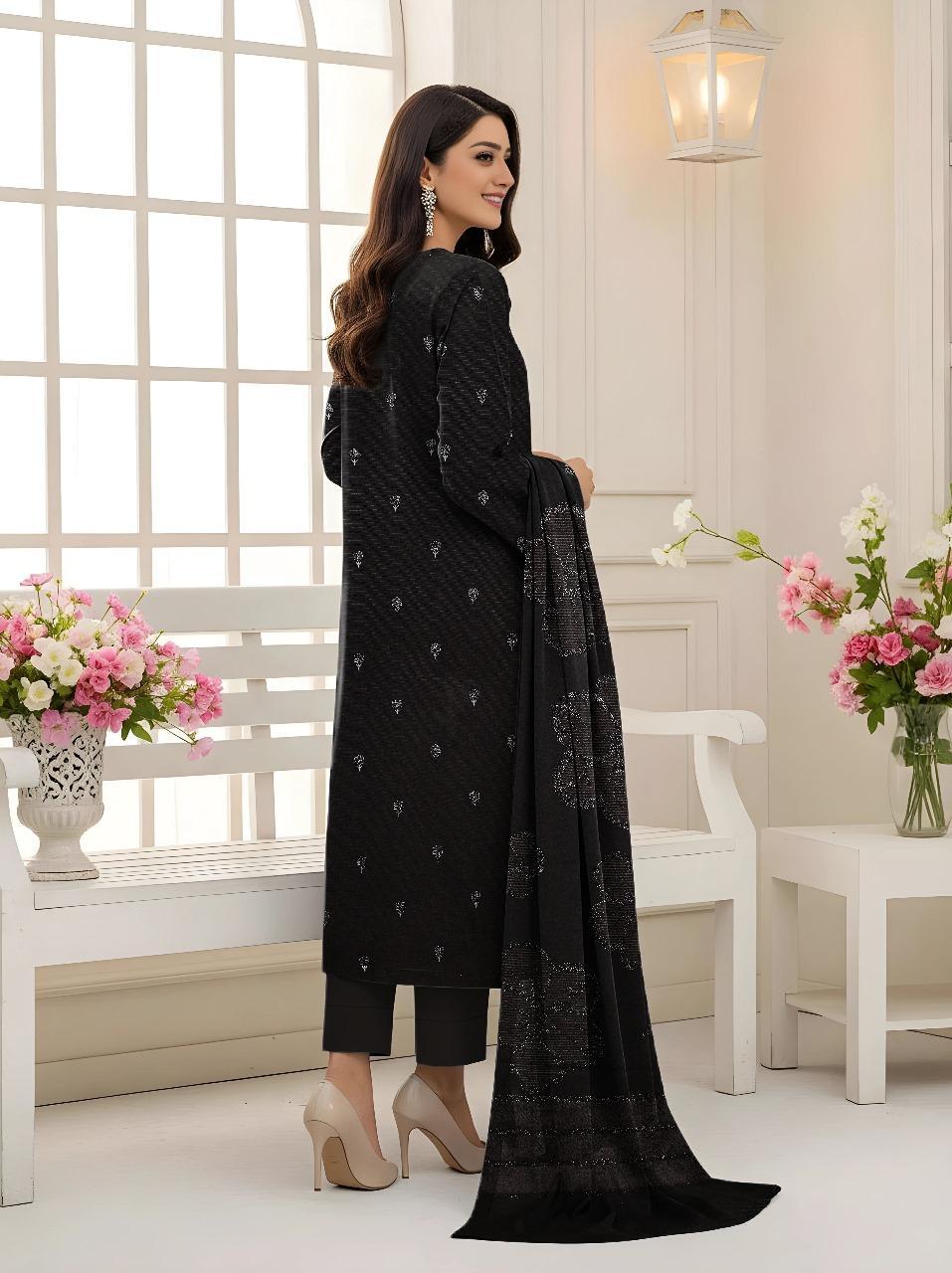 3 Pcs Women’s Unstitched Dhanak Embroidered Shirt with Plain Trouser & Jacquard Dupatta – Black