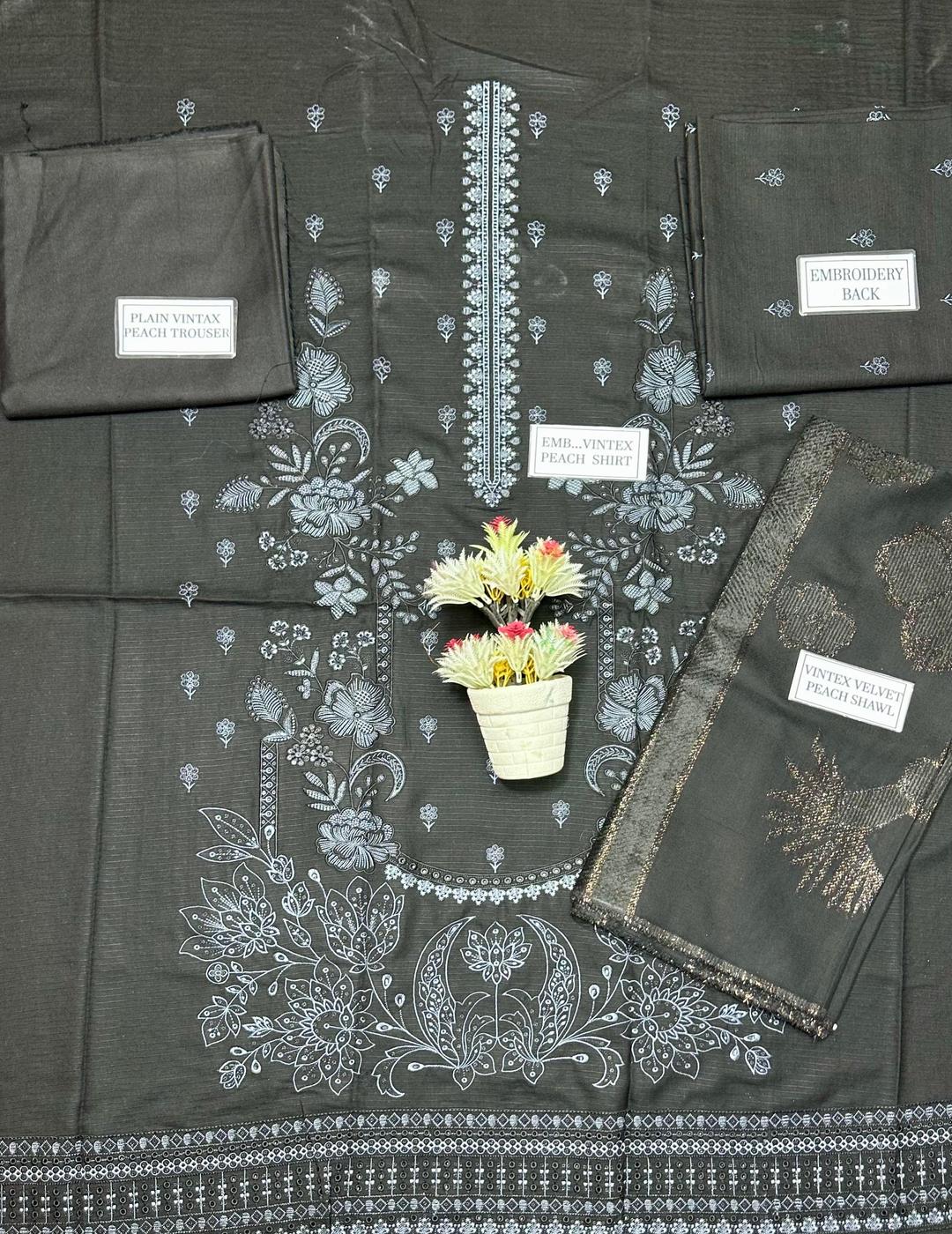 3 Pcs Women’s Unstitched Dhanak Embroidered Shirt with Plain Trouser & Jacquard Dupatta – Black