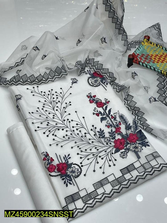 3 Pcs Women’s Unstitched Organza Embroidered Suit with Silk Trouser & Organza Dupatta