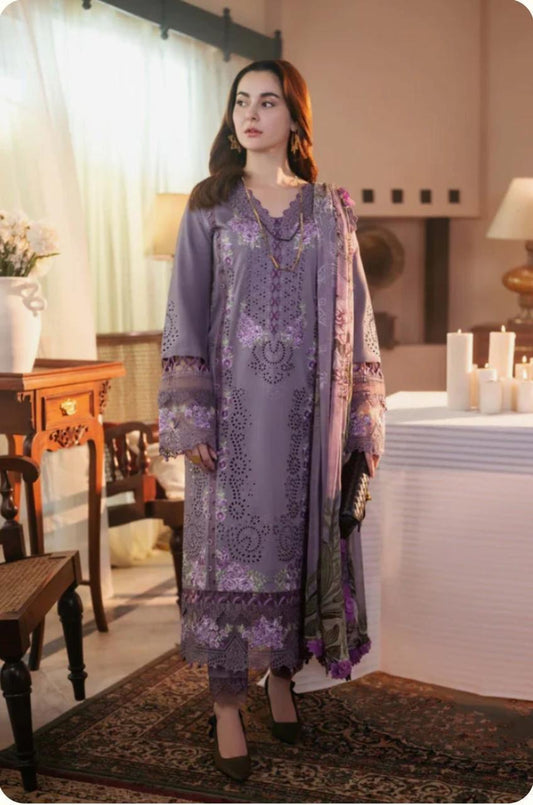 3 Pcs Women’s Unstitched Embroidered Lawn Suit – Purple with Diamond Dupatta | Chikankari Design