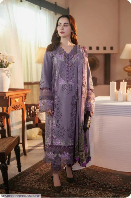 3 Pcs Women’s Unstitched Embroidered Lawn Suit – Purple with Diamond Dupatta | Chikankari Design