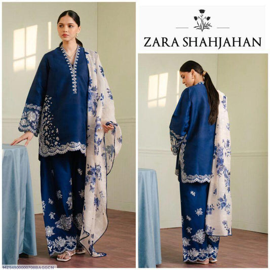 3 Pcs Women’s Unstitched Dhanak Embroidered Suit with Wool Shawl – Blue