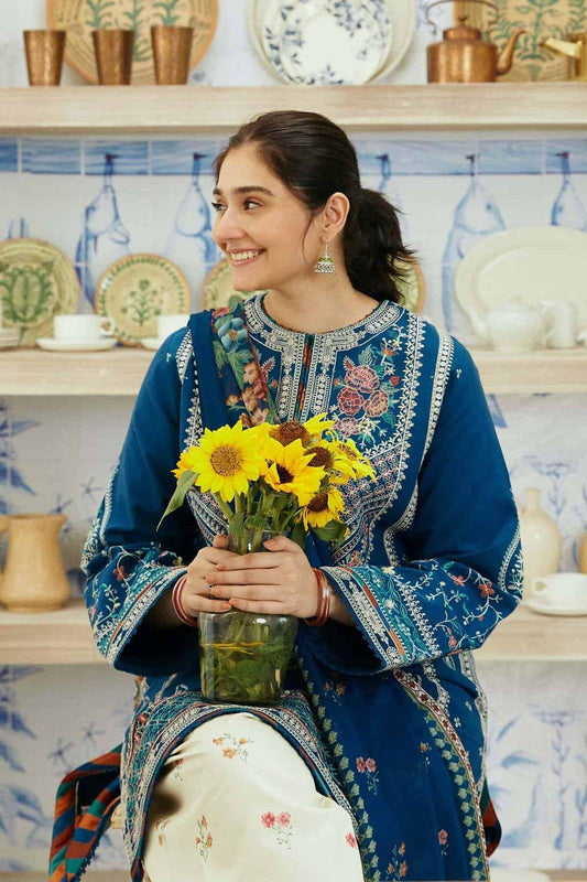 3 Pcs Women’s Unstitched Dhanak Embroidered Suit with Wool Shawl – Blue