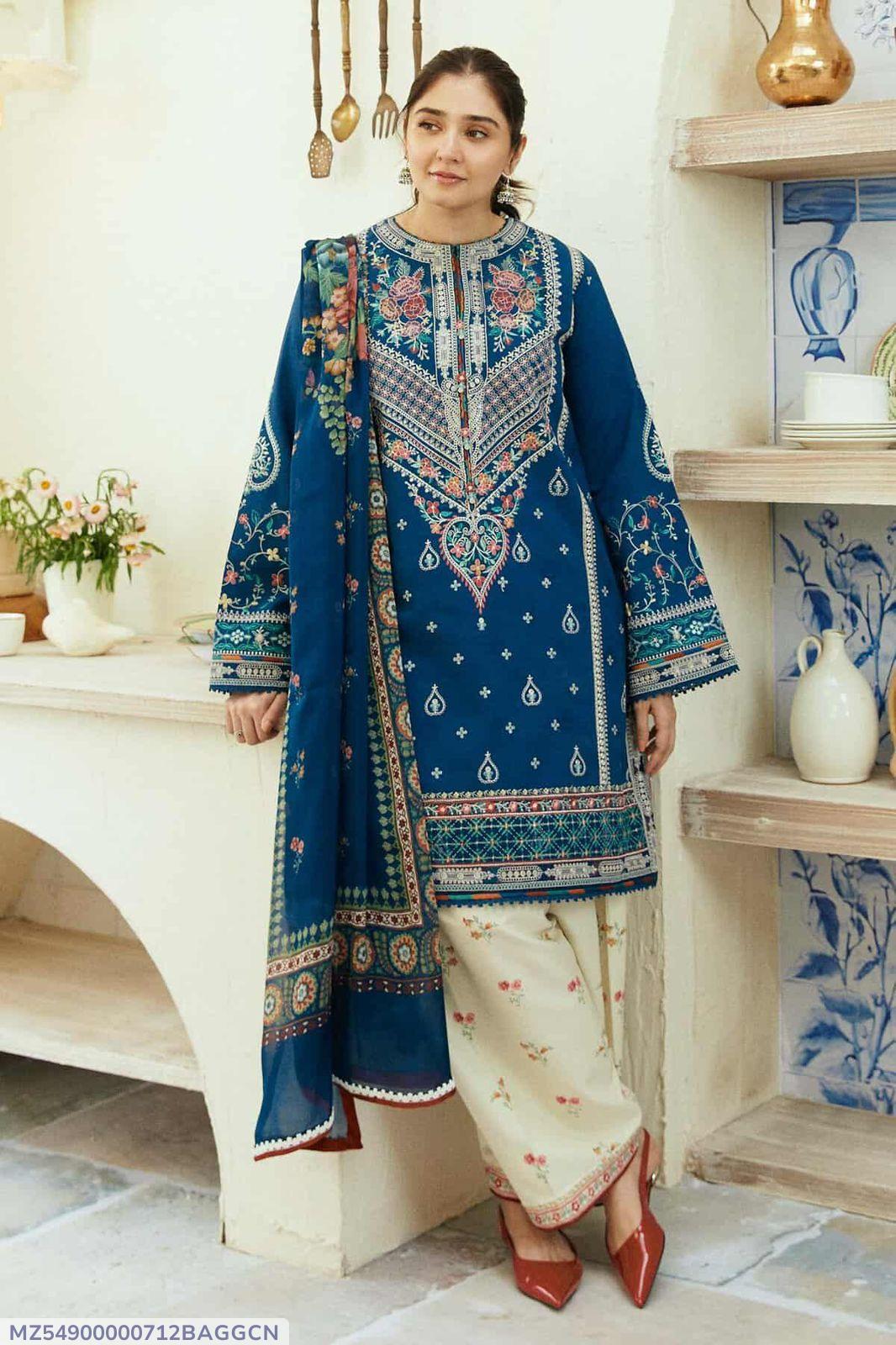 3 Pcs Women’s Unstitched Dhanak Embroidered Suit with Wool Shawl – Blue