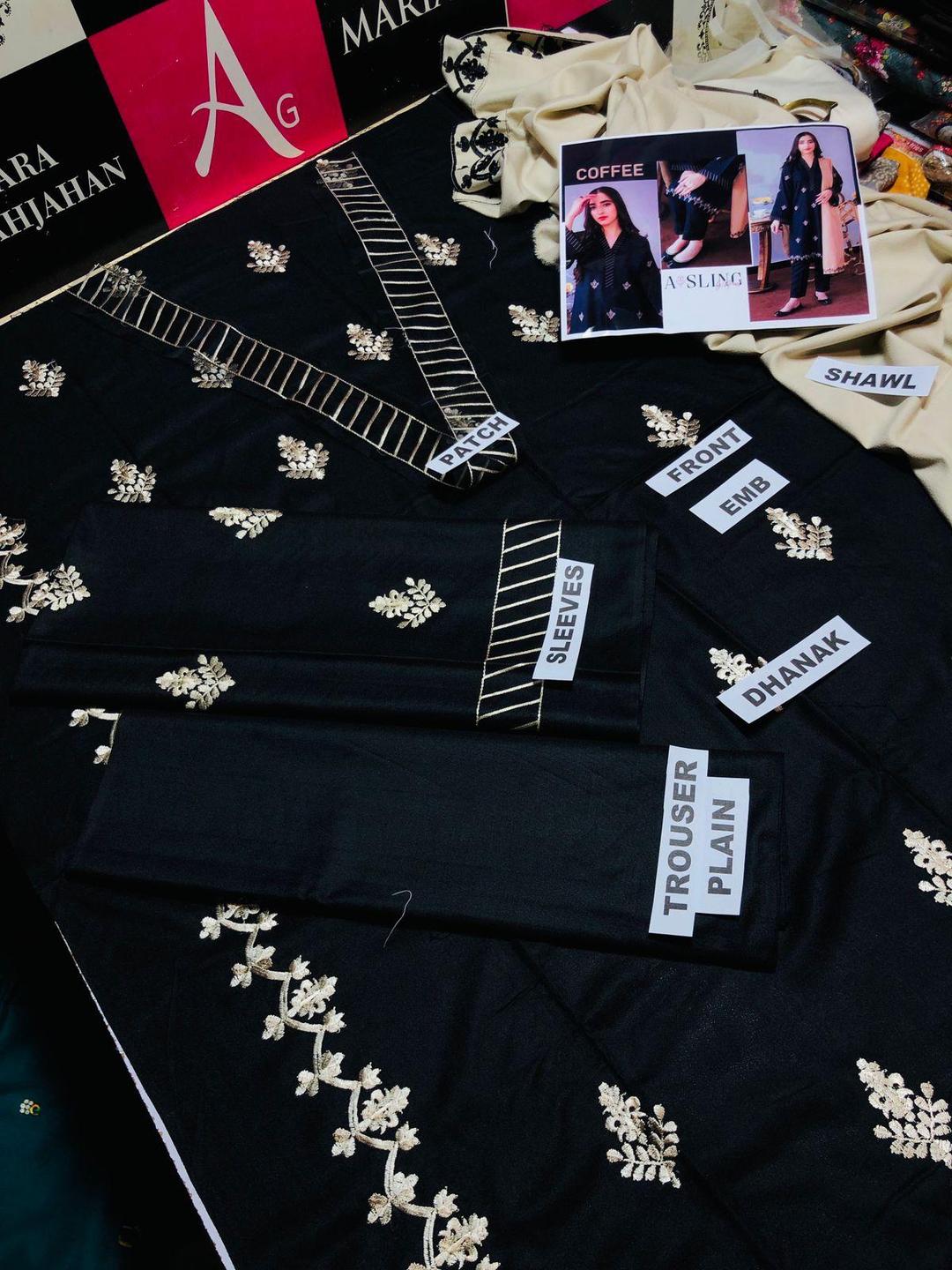 3 Pcs Women’s Unstitched Dhanak Embroidered Suit with Dupatta – Black