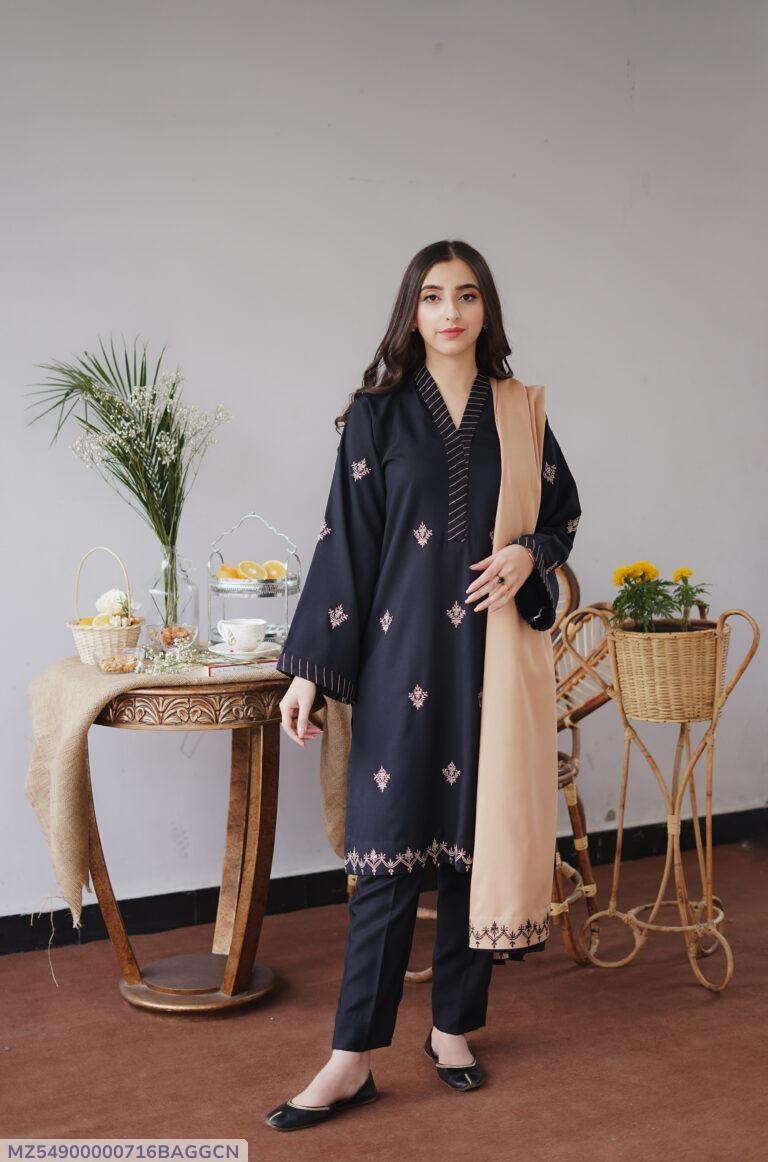 3 Pcs Women’s Unstitched Dhanak Embroidered Suit with Dupatta – Black