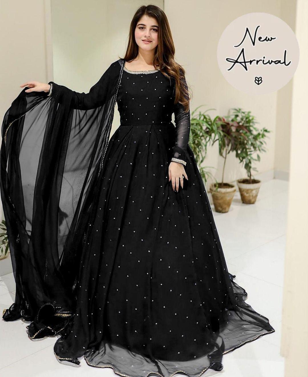 Elegant Black Embroidered Chiffon Maxi Suit – 3 Pcs Set with Dupatta & Trouser | Formal & Party Wear