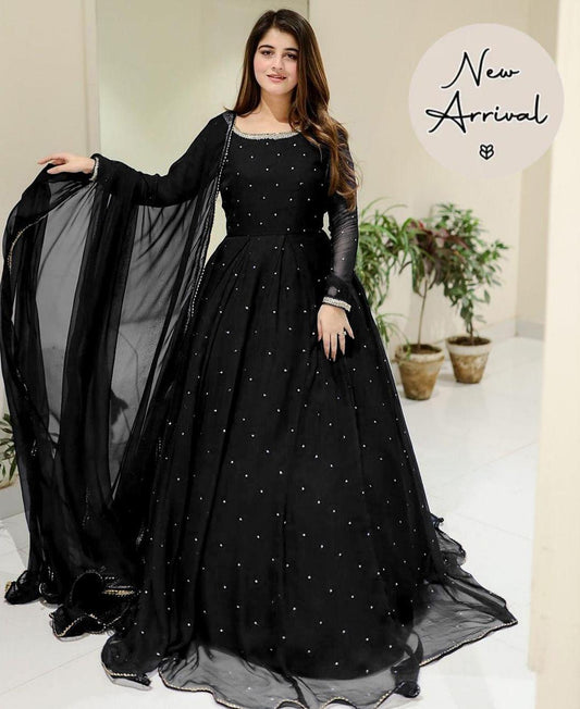 Elegant Black Embroidered Chiffon Maxi Suit – 3 Pcs Set with Dupatta & Trouser | Formal & Party Wear