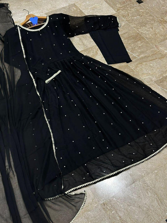 Elegant Black Embroidered Chiffon Maxi Suit – 3 Pcs Set with Dupatta & Trouser | Formal & Party Wear