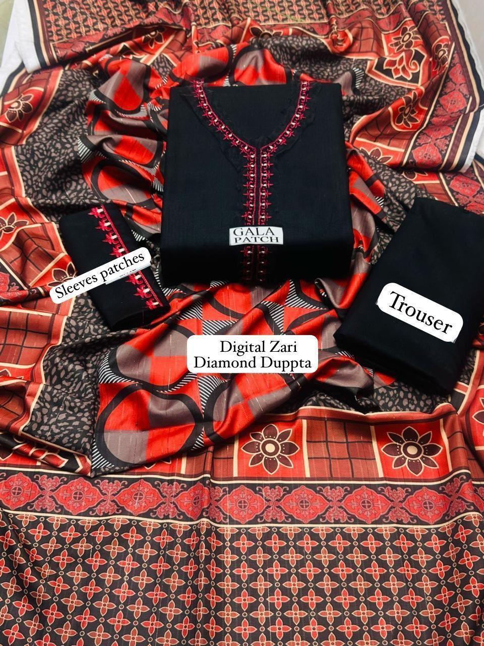 3 Pcs Women’s Unstitched Dhanak Embroidered Suit – Black with Printed Pashmina Dupatta