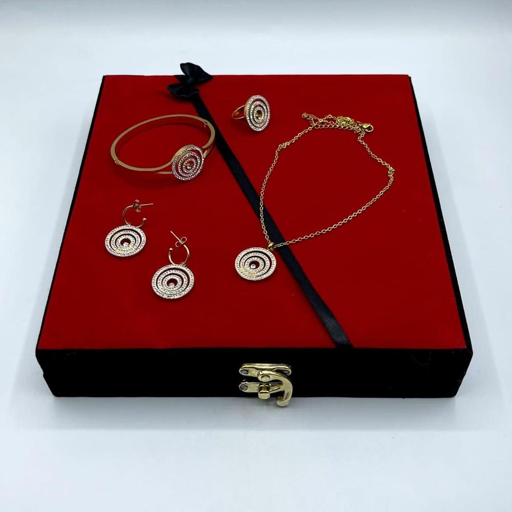Golden Plated Bridal Necklace Set for Women | Luxury Jewelry with Earrings, Ring, Bracelet & Jewelry Box