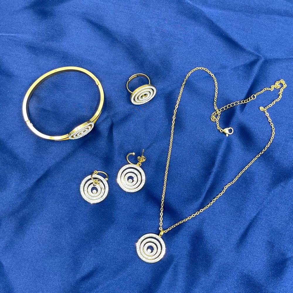 Golden Plated Bridal Necklace Set for Women | Luxury Jewelry with Earrings, Ring, Bracelet & Jewelry Box