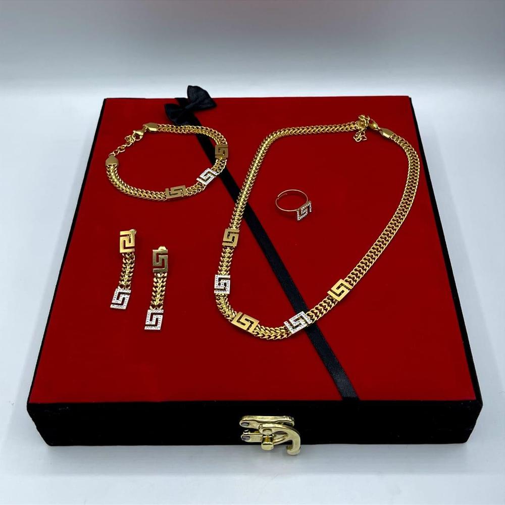 Golden Plated Necklace Set for Women | Bridal Jewelry with Earrings, Ring, Bracelet & Jewelry Box