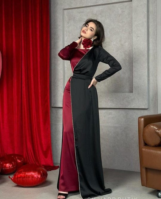 Beautiful Black Western Maxi – Premium Shamoz Silk 3-Piece Dress Set with Trouser & Belt for Women