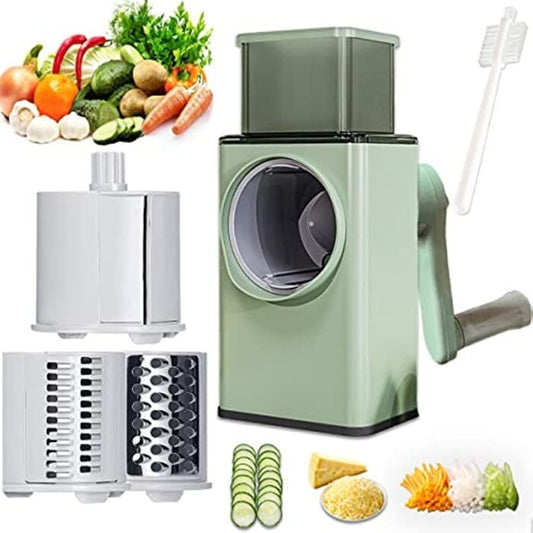 3-in-1 Multifunctional Rotary Vegetable Cutter – Manual Vegetable Slicer, Cheese Grater, Potato & Carrot Shredder with Strong Suction Base & Interchangeable Blades