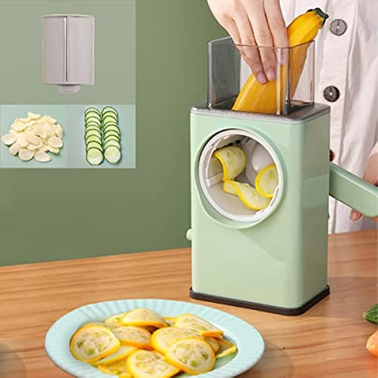 3-in-1 Multifunctional Rotary Vegetable Cutter – Manual Vegetable Slicer, Cheese Grater, Potato & Carrot Shredder with Strong Suction Base & Interchangeable Blades