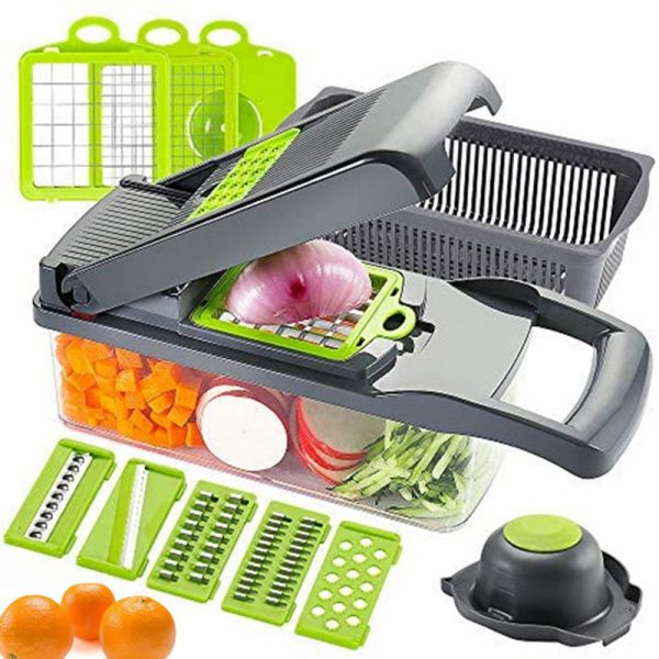 16-in-1 Multifunctional Vegetable Cutter & Slicer with Basket – Fruit, Potato, Carrot Grater & Kitchen Chopper Tool