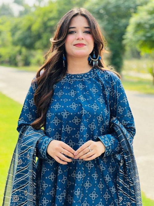 Uswa Zia 3 Piece Printed Swiss Lawn Suit – Blue | Women’s Stitched Lawn Outfit (Standard Size)