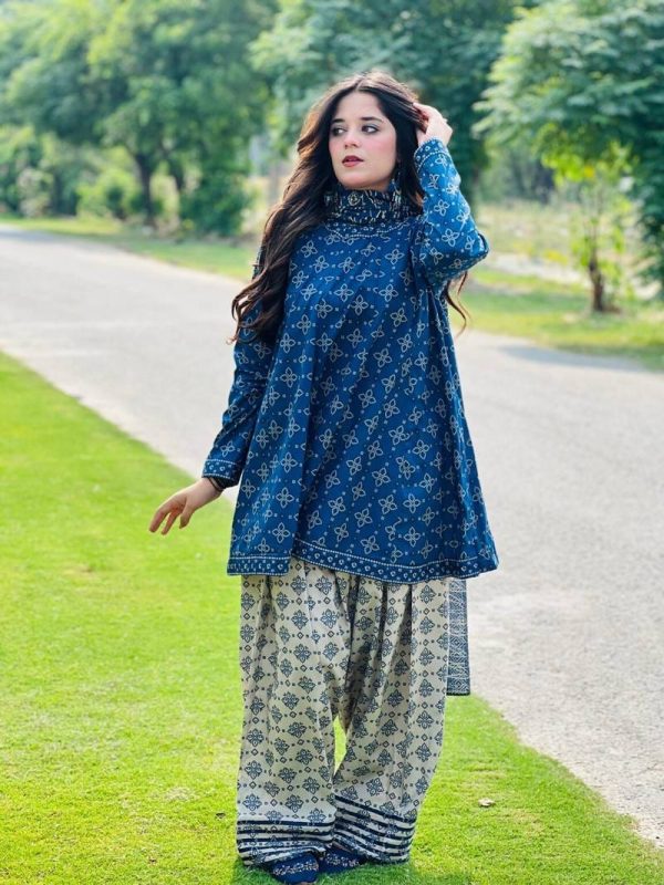Uswa Zia 3 Piece Printed Swiss Lawn Suit – Blue | Women’s Stitched Lawn Outfit (Standard Size)